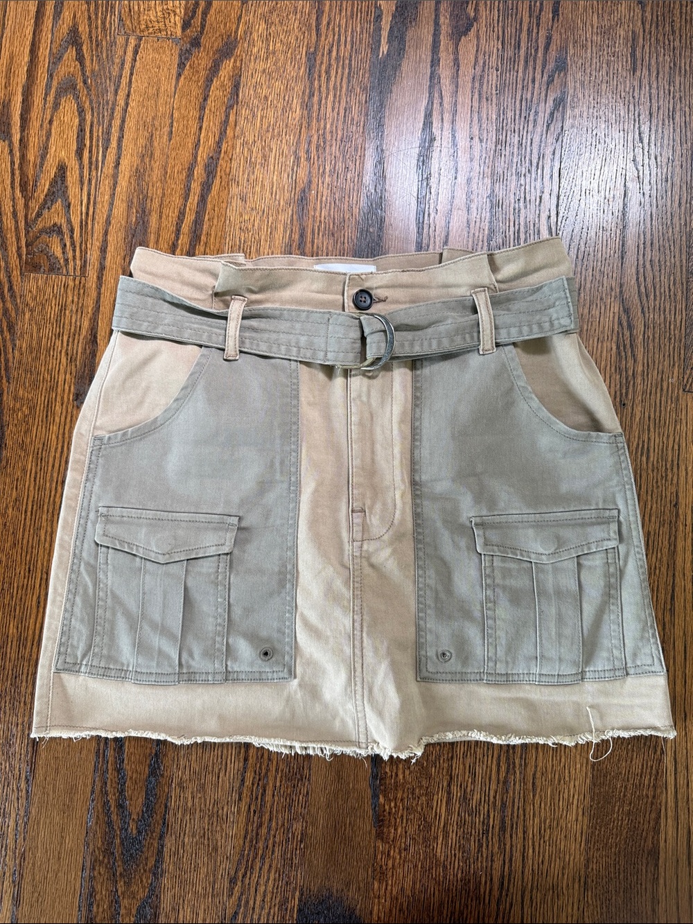 B44 Frame Women’s 26 Denim Two-Tone Tan/Grayish Utility Mini Skirt with Belt